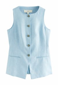 Lichtblauw linnen mouwloos vest met een rechte snit, vijf knopen, twee zijzakken en een gladde textuur.