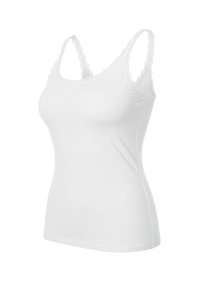 Canotta bianca con design aderente, realizzata in tessuto liscio, con rifinitura in pizzo lungo lo scollo e le spalline, che offre un delicato accento.