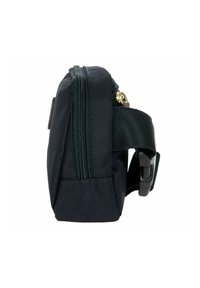 Borsa con zip di colore navy realizzata in tessuto resistente, dotata di una tracolla laterale e hardware dorato, con una forma rettangolare compatta.