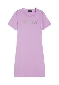 Robe courte violette à manches courtes avec un col rond et un logo scintillant "FREDDY" sur la poitrine. Fabriquée dans un tissu doux et léger.