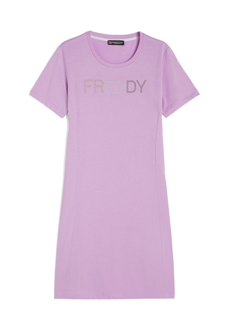 Robe courte violette à manches courtes avec un col rond et un logo scintillant "FREDDY" sur la poitrine. Fabriquée dans un tissu doux et léger.