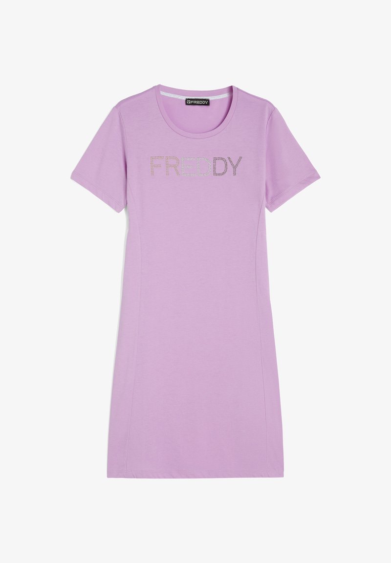Abito corto viola a maniche corte con collo tondo e logo glitterato "FREDDY" sul petto. Realizzato in tessuto morbido e leggero.
