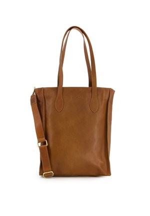 Sac fourre-tout en cuir marron avec de courtes poignées doubles et une bandoulière amovible. Texture lisse, matériel minimal, et logo de la marque en relief.