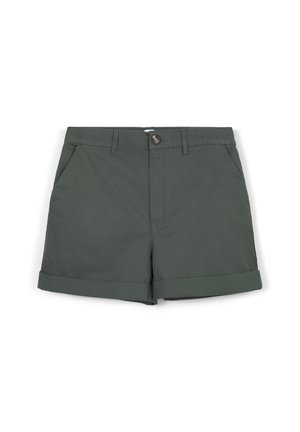 Shorts en coton vert foncé avec une taille et une fermeture à bouton unique ; dotés de deux poches latérales et de détails de ourlet retroussé.