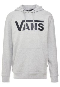 Hoodie gris en tissu en mélange de coton, comportant un grand logo noir "VANS" sur la poitrine, une poche kangourou et une capuche avec cordon de serrage ajustable.