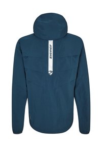 Marinblå jacka med huva, prydd med ett vitt vertikalt rand och logotyp, fyra horisontella bröstfickor och elastiska ärmslut.