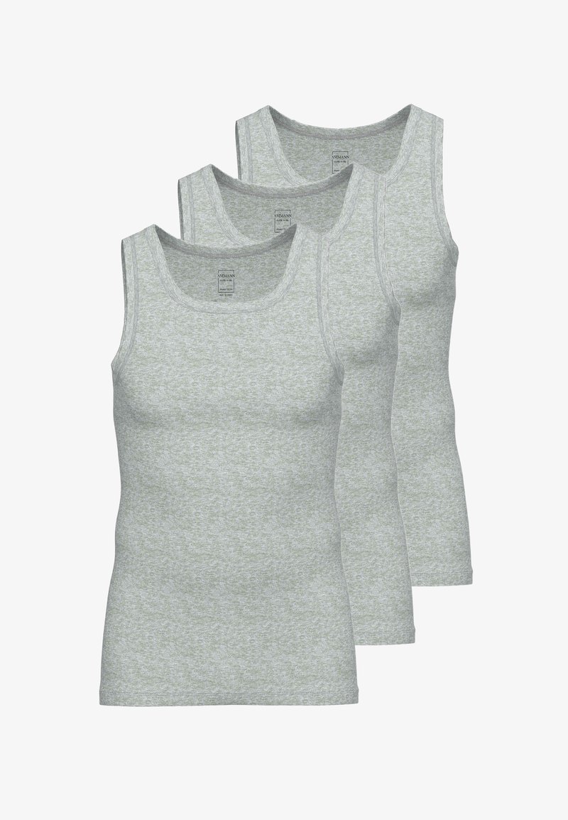 Trzy szare bawełniane topy na ramiączkach o melanzowej fakturze, z szerokimi ramiączkami i klasycznym krojem.