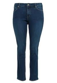 Jeans en denim bleu foncé avec une coupe droite, comprenant cinq poches, des passants de ceinture et une fermeture éclair. Texture lisse avec des coutures subtiles.
