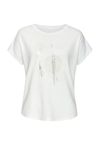 Valkoinen puuvillainen T-paita lyhyillä hihoilla, jossa on abstrakteja hopea- ja beigejä kuvioita sekä pyöreä pääntie. Pehmeä materiaali, rento malli.