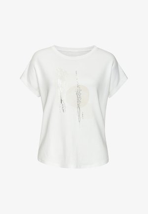 White cotton T-shirt with short sleeves, featuring abstract silver and beige patterns and a round neckline. Soft texture, relaxed fit.