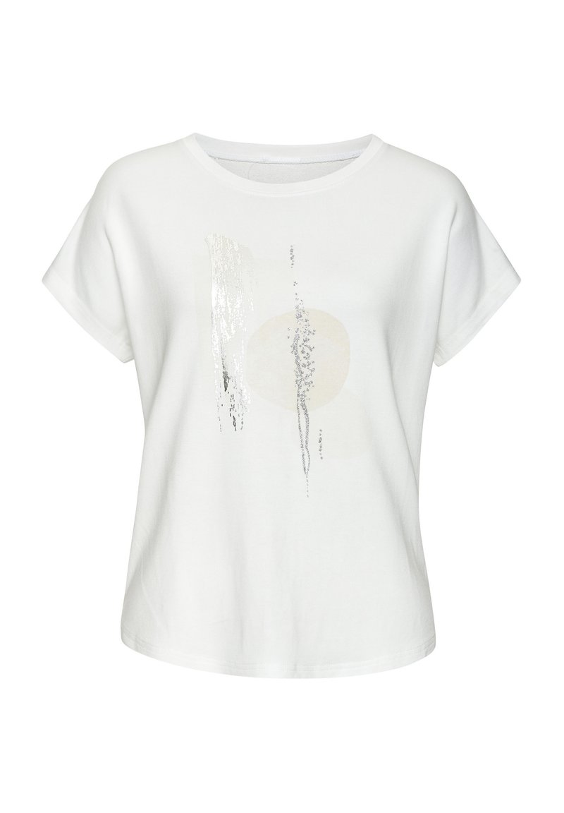 Valkoinen puuvillainen T-paita lyhyillä hihoilla, jossa on abstrakteja hopea- ja beigejä kuvioita sekä pyöreä pääntie. Pehmeä materiaali, rento malli.