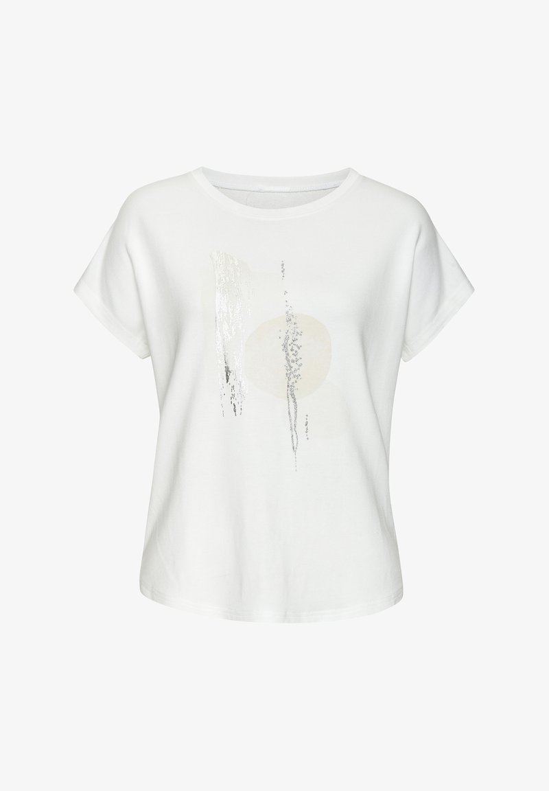 Valkoinen puuvillainen T-paita lyhyillä hihoilla, jossa on abstrakteja hopea- ja beigejä kuvioita sekä pyöreä pääntie. Pehmeä materiaali, rento malli.
