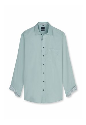 Hellblaue, langärmlige Hemdbluse mit Knöpfen, Kragen, Brusttasche und gemusterten inneren Manschetten und Kragenfutter.