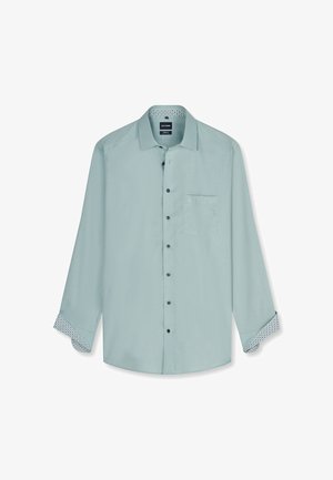 Hellblaue, langärmlige Hemdbluse mit Knöpfen, Kragen, Brusttasche und gemusterten inneren Manschetten und Kragenfutter.