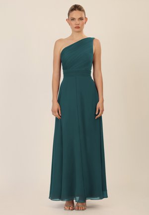 Türkise Abendkleid mit einem Schulterträger und gefälteltem Oberteil sowie fließendem Rock. Leichter, glatter Stoff mit subtiler Eleganz und knöchellang.