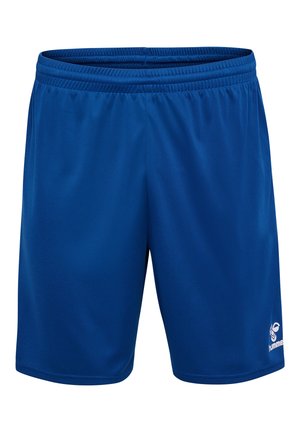 Niebieskie sportowe szorty z elastycznym paskiem w talii i małym białym logo Hummel na dolnej części prawej nogawki.