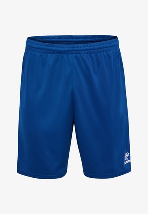 Niebieskie sportowe szorty z elastycznym paskiem w talii i małym białym logo Hummel na dolnej części prawej nogawki.