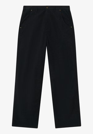 Zwarte, gestructureerde broeken met een rechte pijp. Kenmerken zijn een knopenband en zijzakken, met een subtiel patroon.