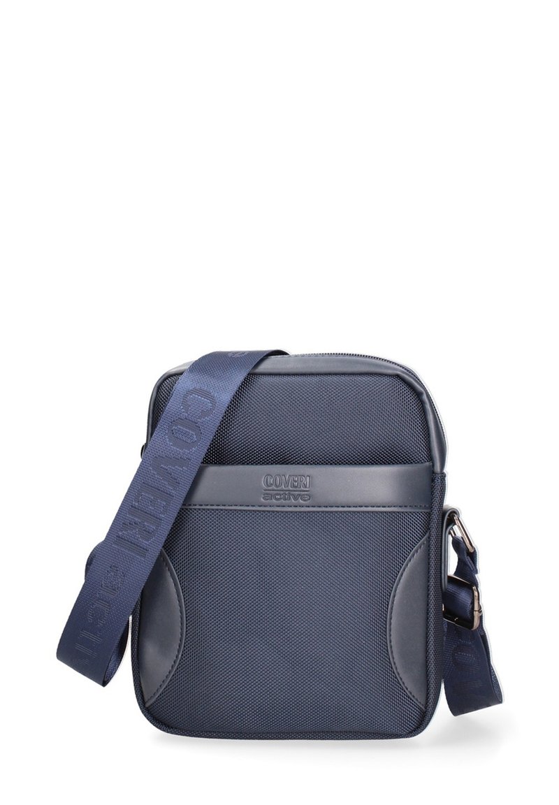 Borsa a tracolla blu navy realizzata in tessuto testarato con un elegante accento in ecopelle liscia. Presenta una tracolla regolabile e dettagli laterali.