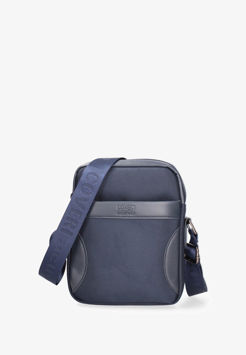 Borsa a tracolla blu navy realizzata in tessuto testarato con un elegante accento in ecopelle liscia. Presenta una tracolla regolabile e dettagli laterali.
