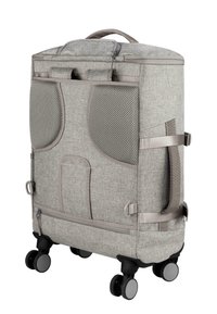 Grauer Stoff-Rucksack mit gerolltem Design, Netzseitentaschen, Riemendetails und vier leicht laufenden Rollen.