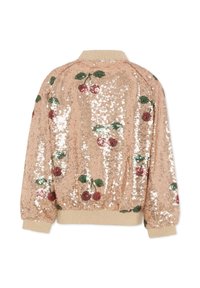 Giacca bomber color oro rosa ricoperta di paillettes, con ricami di ciliegie e foglie, polsini e orlo a coste.