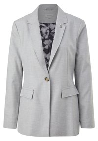 Blazer femme gris clair avec un seul bouton beige, col à revers cranté, poches à rabat et doublure intérieure florale noir et blanc.