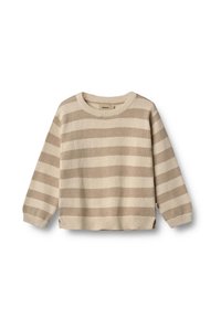 Beige randig tröja i mjukt stickat tyg. Har en rund halsringning, långa ärmar och en avslappnad passform med ribbade manschetter och nederkant.