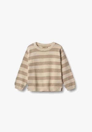 Pull rayé beige en maille douce. Il possède un col rond, des manches longues et une coupe décontractée avec des bords côtes au niveau des poignets et de l'ourlet.