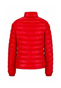 Rote gepolsterte Jacke mit hohem Kragen. Verfügt über ein gestepptes Design, elastische Bündchen und eine glatte, glänzende Textur. Rückansicht, keine Details sichtbar.