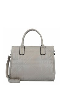 Sac à main matelassé gris avec une texture en cuir lisse, deux poignées supérieures et une bandoulière amovible. Présente des accessoires en métal noir contrasté.