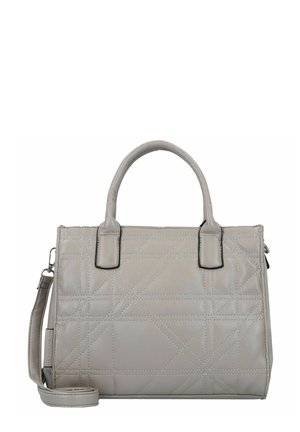 Sac à main matelassé gris avec une texture en cuir lisse, deux poignées supérieures et une bandoulière amovible. Présente des accessoires en métal noir contrasté.