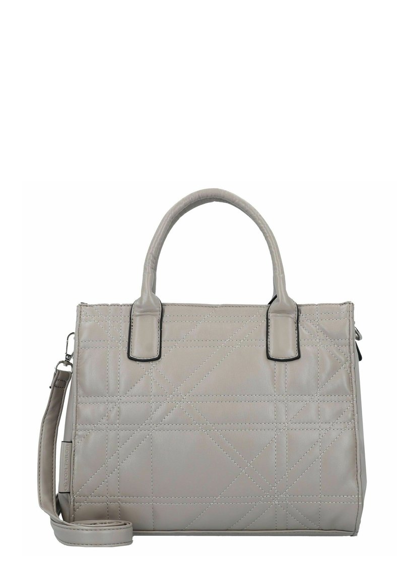 Sac à main matelassé gris avec une texture en cuir lisse, deux poignées supérieures et une bandoulière amovible. Présente des accessoires en métal noir contrasté.