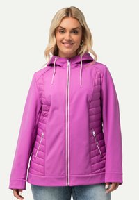 Nafouknutá fialová bunda s kapucí, předním zipem, bílými detaily a bočními kapsami. Hladký a polstrovaný povrch.