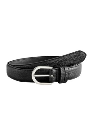 Black textured leather belt with silver metal buckle, rolled and resting on a white background.