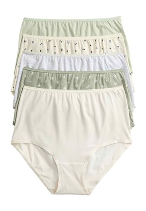 Sæt med fem bomuldsunderbukser til kvinder i forskellige farver: grøn, beige og grå, med blomsterprint og blonder på taljebåndet.