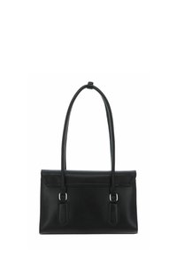 Sac à main rectangulaire noir avec longues doubles bretelles et accents de boucles argentées sur fond blanc.