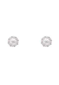 Orecchini a perno in perla con una perla bianca centrale circondata da un telaio circolare di piccoli cristalli rosa e trasparenti, montati in argento.