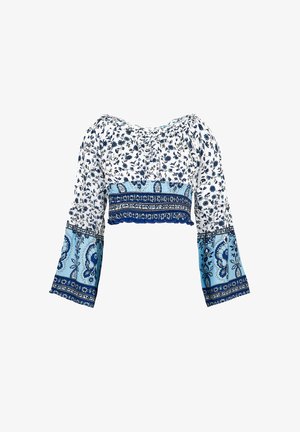 Witte crop top met blauwe bloemprint, geplooide halslijn en klokmouwen. Het ontwerp heeft paisley-accenten bij de zoom en mouwen.