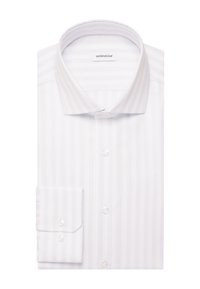 Camicia bianca a maniche lunghe con sottili righe verticali grigie chiare, colletto con bottoni e polsini abbottonati. Etichetta del marchio visibile all'interno del colletto.