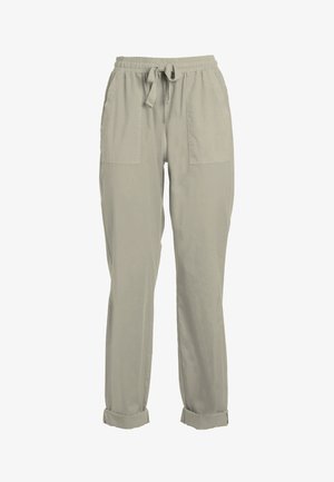 Pantaloni casual grigio chiaro con vita elasticizzata, laccio frontale, grandi tasche anteriori e risvolti arrotolati.