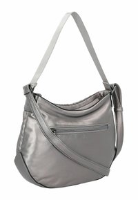 Silberne metallische Schultertasche mit glatter Oberfläche, verstellbarem Riemen und einer Vorderseite mit Reißverschlusstasche. Die weiche, geschwungene Form verbessert die Benutzerfreundlichkeit.
