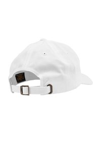 Weißer Baumwoll-Baseballhut mit gebogenem Schirm, verstellbarem Riemen auf der Rückseite und einer Metall-Schnalle. Verfügt über Nähdetails.