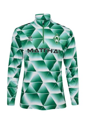 Groen sporttop met lange mouwen en een ritssluiting bij de kraag. Kenmerkt zich door een geometrisch ruitpatroon in verschillende tinten groen en wit. Inclusief merklogo's.