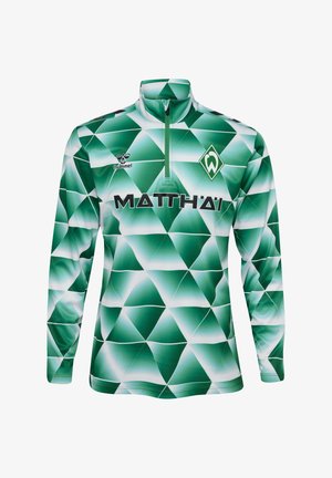 Grøn langærmet sportstrøje med lynlås krave. Har et geometrisk diamantmønster i varierende nuancer af grøn og hvid. Brandlogoer indgår.