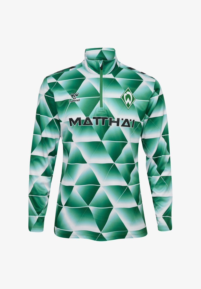 Groen sporttop met lange mouwen en een ritssluiting bij de kraag. Kenmerkt zich door een geometrisch ruitpatroon in verschillende tinten groen en wit. Inclusief merklogo's.