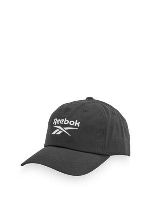 Casquette de baseball noire Reebok avec une visière incurvée et un logo blanc brodé au centre avant.
