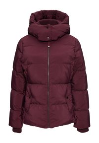 Veste matelassée bourgogne avec un design épais, col montant, fermeture éclair devant et poignets côtelés ; dotée de deux poches latérales.