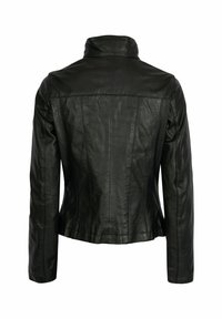 Black leather jacket with a fitted design, high collar, and seam detailing. Smooth texture with long sleeves and a tailored back.