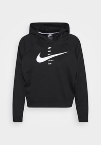 Schwarzer Nike-Hoodie mit einer vorderen Kängurutasche, weißem Logo-Druck und gerippten Bündchen. Verfügt über eine Kapuze und ein cropped Design. Weicher Stoff.